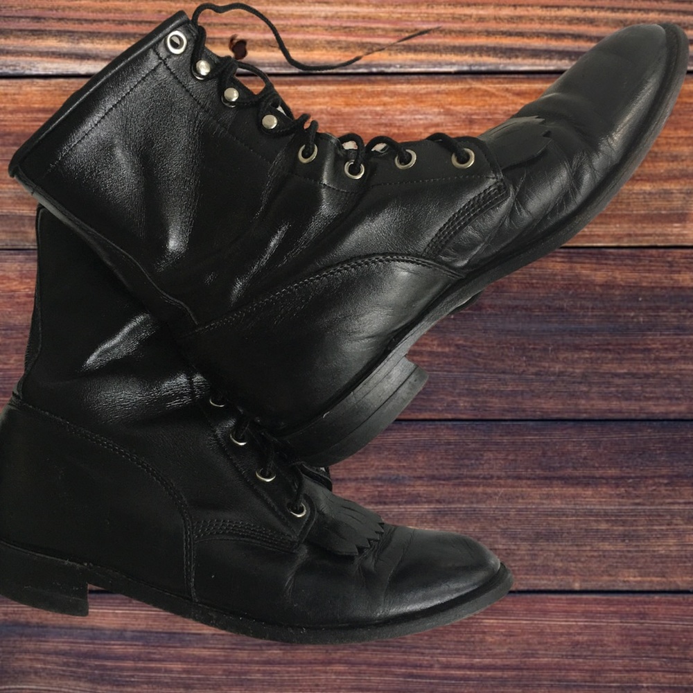 Vintage Justin L506 Western Kiltie Roper Black Leather Lace up Boots Size 7 B